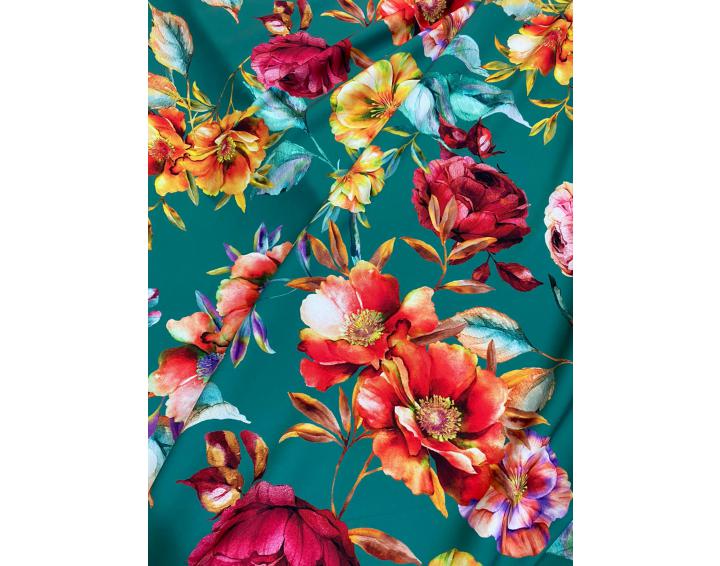 Tela Bielástica flores multicolor fondo verde