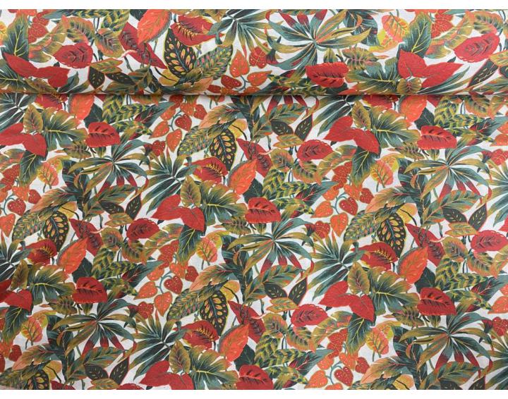 Loneta con estampado de hojas tropicales en tonos naranjas y verdes