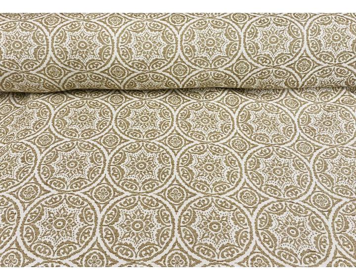 Tejido chenilla con estampado estilo vintage en tonos camel y crudo