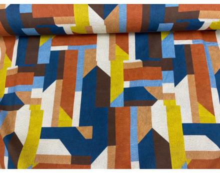 Tejido culla con estampado digital geométrico en tonos mostazas,azules y naranjas