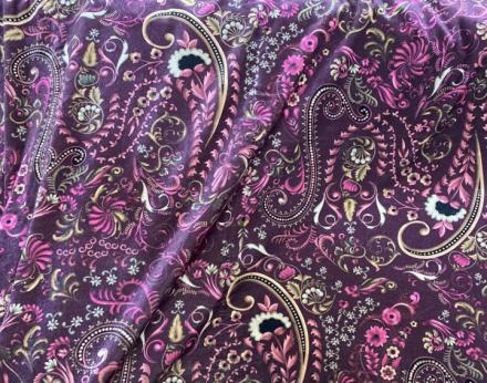Terciopelo elástico estampado negro y morado